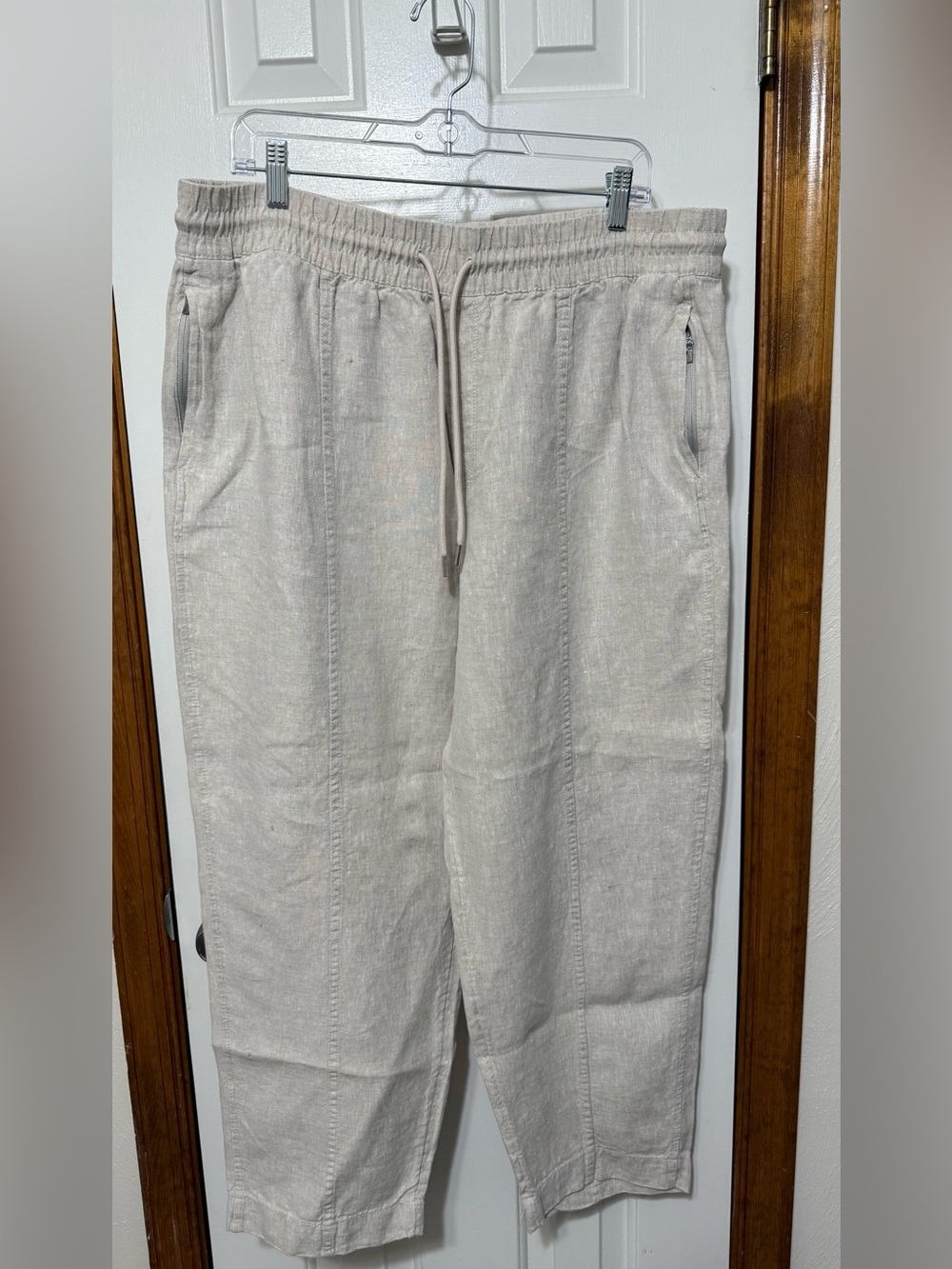 Athleta Retreat Linen High Rise Wide Leg Ankle Pant Undyed Beige|Size XL